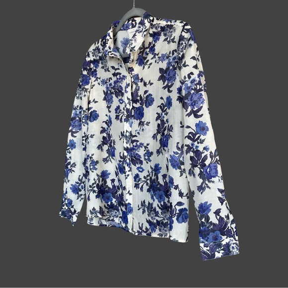 SEZANE NWT Blue & White Floral Printed Lightweight Silk Button Down Pierro Shirt - Picture 13 of 15